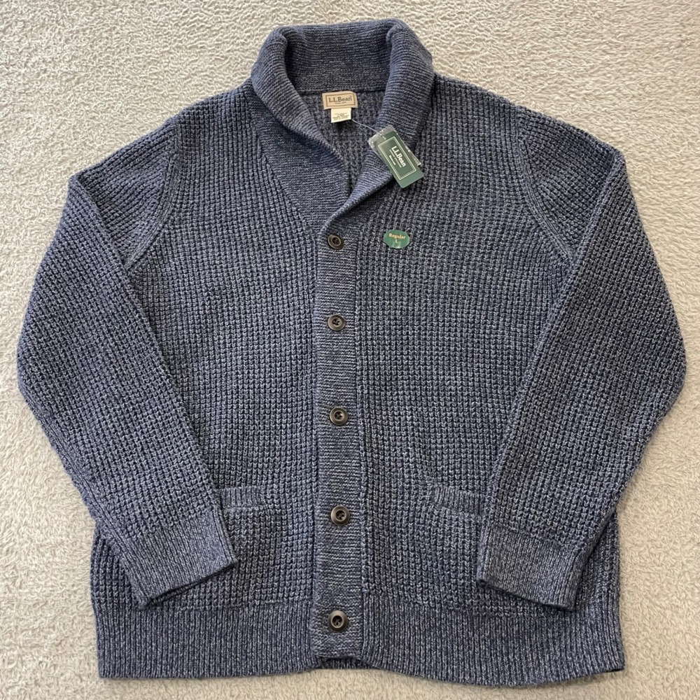 NWT LL Bean Organic Waffle Cardigan Mens L Blue Shawl Collar Knit Sweater 516104